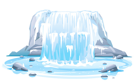 Frozen river waterfall falls from cliff in front view isolated illustration, picturesque tourist attraction with frozen waterfall, natural phenomenon of quite frozen waterfall on steep rocky stream