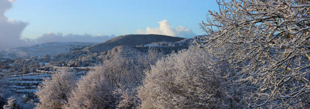 Scenic snow-covered mountains and trees, Pontypool, Torfaen, Wales stock photo