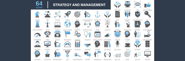 Modern Universal Business Strategy and Management Icons Collection Modern Universal Business Strategy and Management Icons Collection. Business Strategy and Management Flat Icon Set. Set of vector creativity icons. 64x64 Pixel Perfect. For Mobile and Web. Idea generation preparation inspiration influence originality, concentration challenge launch. Contains such icons as Handshake, Target Goal, Agreement, Inspiration, Startup. solution concept stock illustrations