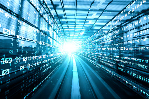 istock Digital data flow on road with motion blur to create vision of fast speed transfer 1303365413