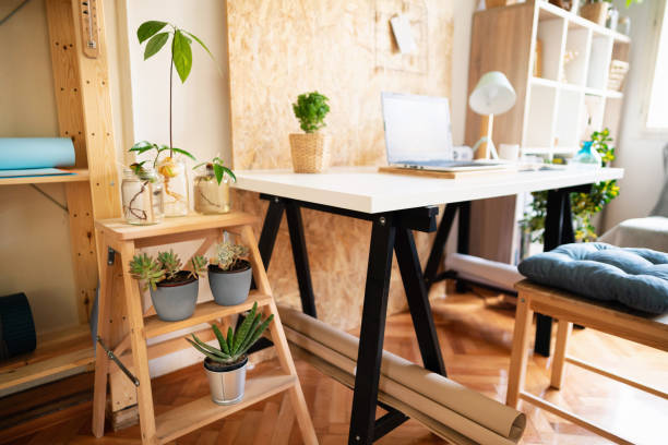istock Close-up of a plants beside worktable in an empty home office apartment 1303366182