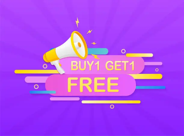 Vector illustration of Buy one get one free megaphone on white background for flyer design. Vector illustration in flat style.