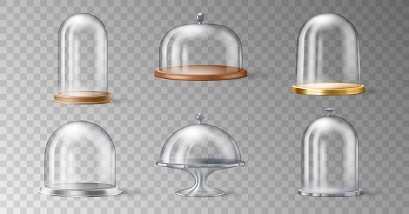 Set of realistic cake stand with glass domes cover on transparent background in 3d design. Kitchenware for desserts and pastry display. Vector illustration