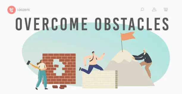 Vector illustration of Overcome Obstacles Landing Page Template. Characters Developing Skills, Climbing on Rock Peak, Jump Over Barriers