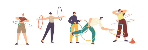 ilustraciones, imágenes clip art, dibujos animados e iconos de stock de personajes adultos masculinos y femeninos haciendo ejercicio con hula hoop rodando sobre cintura y brazos y lanzamiento. recreación de verano - hooping