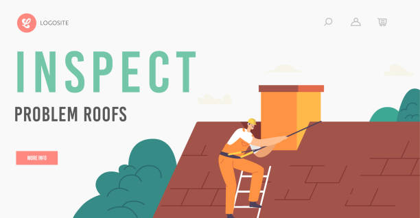 ilustraciones, imágenes clip art, dibujos animados e iconos de stock de el trabajador inspecciona los problemas de techo plantilla de página de destino. personaje con equipo de escalada realiza trabajos de techado - roof repairing roofer chimney