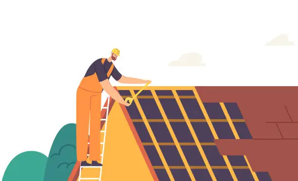 Vector illustration of Roofer Man Residential Building Renovation. Roof Construction Worker Character Conduct Roofing Works, Repair Home