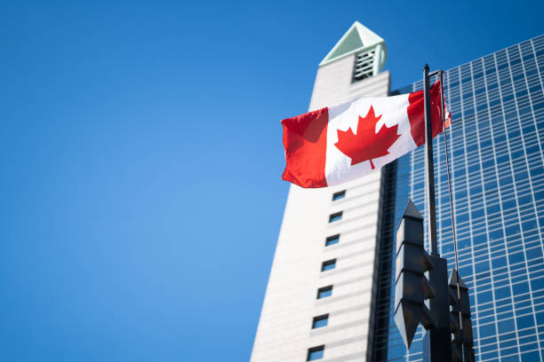 istock The flag of Canada under the blue sky 1303369152
