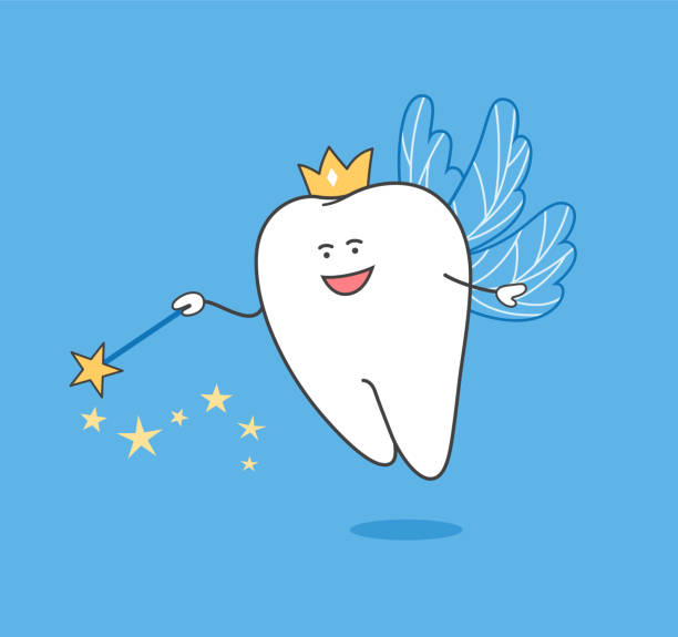 zahnfee. cartoon zahnfee mit zauberstab und flügeln. - milchzahn stock-grafiken, -clipart, -cartoons und -symbole