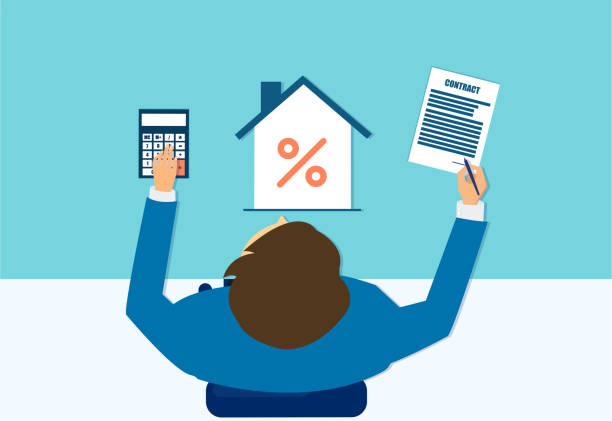 ilustraciones, imágenes clip art, dibujos animados e iconos de stock de vector de un empresario con calculadora hipotecaria firmando un contrato inmobiliario - interest rate house loan budget