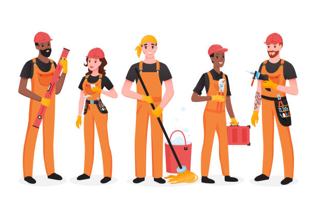 ilustrações de stock, clip art, desenhos animados e ícones de repairman team of people set, happy workers of maintenance repair service standing - mechanic plumber repairman manual worker