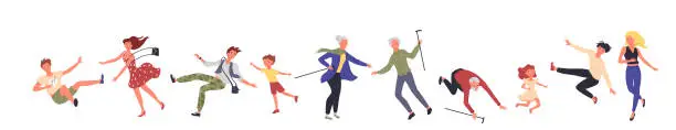 Vector illustration of People fall slip set, elderly persons with cane on floor, male female characters falling