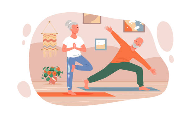 Elderly couple people do yoga exercises, stretching on sport fitness workout at home Elderly couple people do yoga exercises vector illustration. Cartoon happy man woman senior characters stretching on sport fitness workout at home, standing together in yoga pose isolated on white cartoon of the older people exercising gym stock illustrations