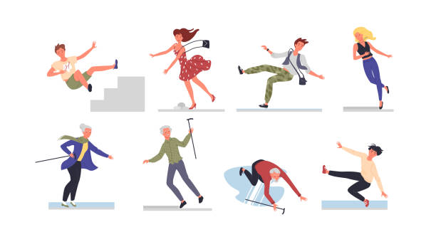 ilustrações, clipart, desenhos animados e ícones de pessoas caem no set, jovem e idosa caindo escada abaixo ou no chão molhado - falling people tripping senior adult