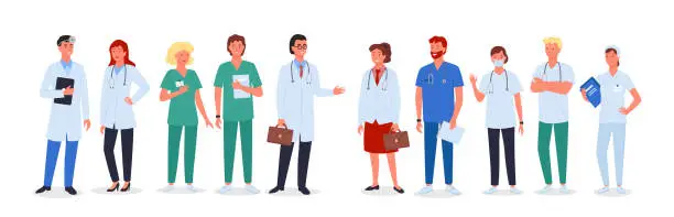Vector illustration of Doctor nurse team set, medic workers in uniform and medical masks standing collection
