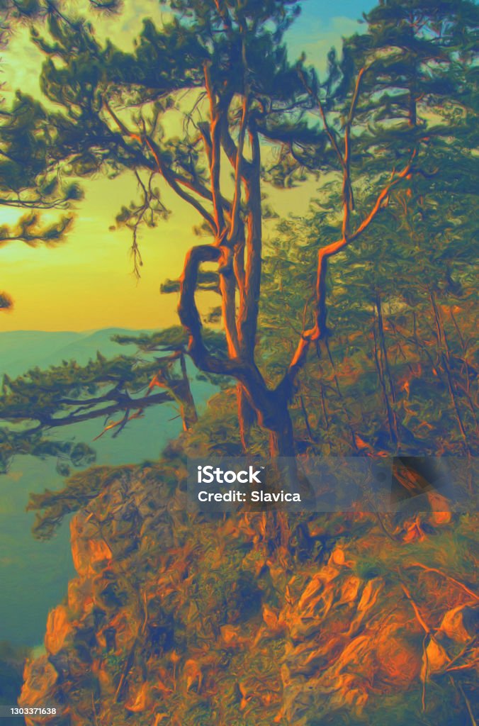 Oil landscape painting Oil landscape painting showing tree on the cliff at summer sunset. Oil Painting Stock Photo