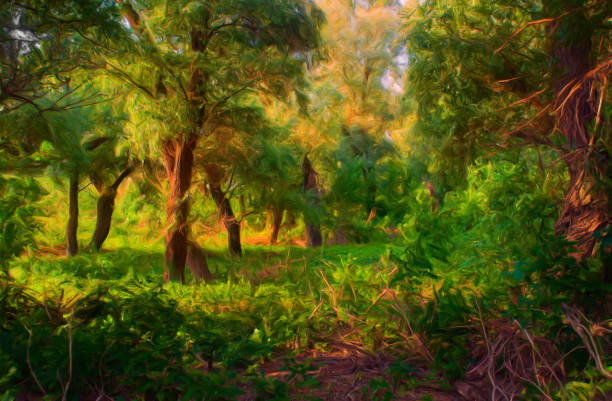 Oil landscape painting showing forest on a sunny spring day.