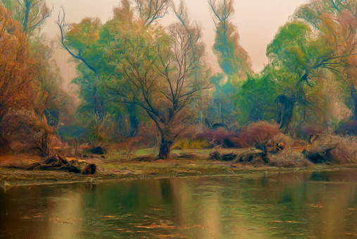Digital painting of the woods and shoreline of the fishing lakes at Cannock Chase, AONB in Staffordshire.