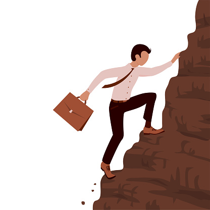 A young brave business man climbs a steep mountain. Case in hand. Career and effort concept. Vector cartoon illustration with white background