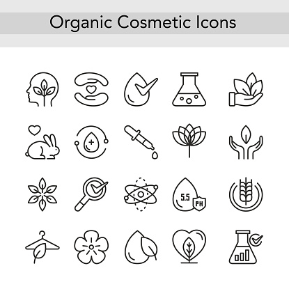 Organic eco cosmetics thin black line icons vector illustration. Outline logo cosmetology collection for beauty products and packaging with safe ecological natural ingredients, editable stroke set