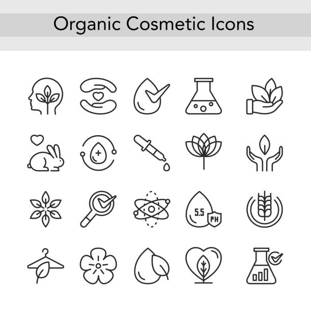 Organic eco beauty cosmetics thin black line icons, outline logo cosmetology collection Organic eco cosmetics thin black line icons vector illustration. Outline logo cosmetology collection for beauty products and packaging with safe ecological natural ingredients, editable stroke set skin exame stock illustrations