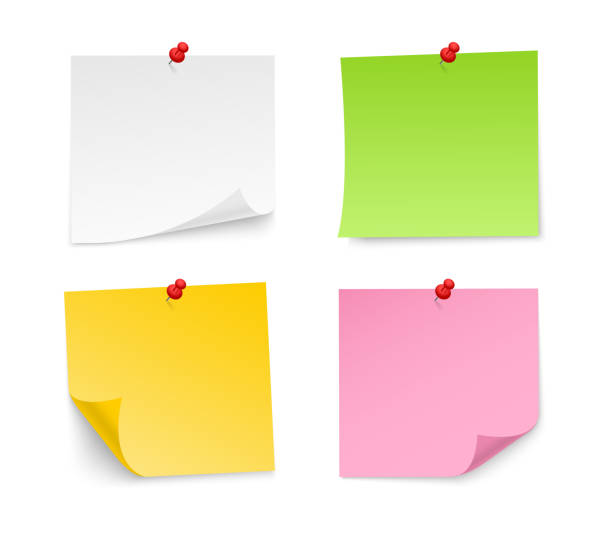 ilustrações de stock, clip art, desenhos animados e ícones de colored sticky notes paper with push pin. blank paper sheets for note. front view. realistic paper stickers for your message. vector illustration. - adhesive note letter thumbtack reminder