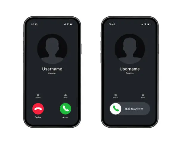 Vector illustration of Phone call screen interface. Incoming call template on smartphone. Mobile phone display. Vector illustration.