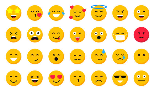 一套卡通表情。收集表情符號圖示。社交媒體表情微笑。黃色的臉表達情感。向量插圖。 - 表情符號 幅插畫檔、美工圖案、卡通及圖標