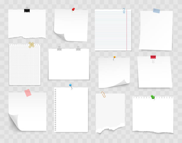 ilustrações de stock, clip art, desenhos animados e ícones de note paper with pin, binder clip, push pin, adhesive tape and tack. blank sheet, sticky note, torn piece of paper and notebook page. templates for a note message. vector illustration. - vector blank white