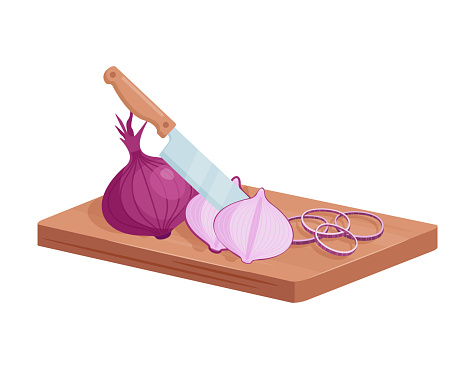Cut red onion on chopping board isometric vector illustration. Cartoon 3d knife cutting vegetable on wooden kitchen board, healthy food cooking, dinner preparation with chopped onion isolated on white