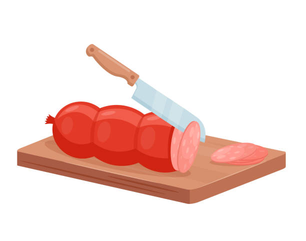 illustrazioni stock, clip art, cartoni animati e icone di tendenza di tagliare il salame di prodotti di gastronomia di carne con processo di affezione isometrica 3d coltello da chef - fatback