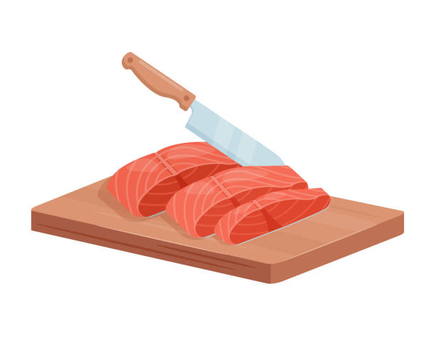 ilustraciones, imágenes clip art, dibujos animados e iconos de stock de cortar filetes de pescado de trucha de salmón con cuchillo de chef, filete de mariscos salados o ahumados crudos en 3d - smoked salmon illustrations