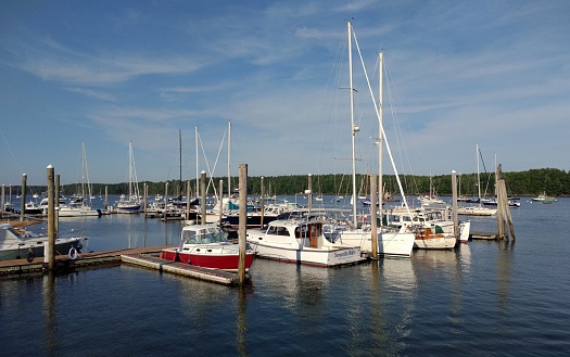 Recreational boats in the Harraseeket River at Brewers Point, Freeport, ME, USA