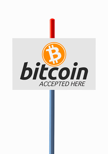 Bitcoin Crypto Currency Accepted Here text on the banner.\nBitcoin electronic money for business concept. Vertical composition.