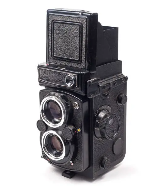 Old medium format 6x6 camera on a white background.