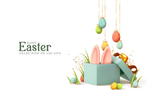 Easter day design. Realistic blue gifts boxes. Open gift box full of decorative festive object. Holiday banner, web poster, flyer, stylish brochure, greeting card, cover. Spring Easter background Easter day design. Realistic blue gifts boxes. Open gift box full of decorative festive object. Holiday banner, web poster, flyer, stylish brochure, greeting card, cover. Spring Easter background easter background stock illustrations