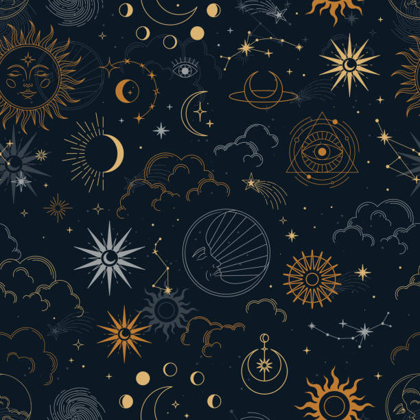 Vector magic seamless pattern with constellations, sun, moon, magic eyes, clouds and stars. Vector magic seamless pattern with constellations, sun, moon, magic eyes, clouds and stars. Mystical esoteric background for design of fabric, packaging, astrology, phone case, yoga mat, notebook covers, wrapping paper. constellation stock illustrations