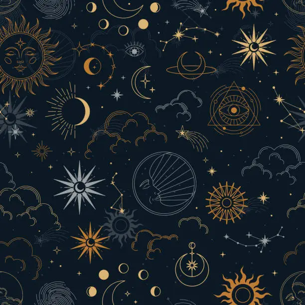 Vector illustration of Vector magic seamless pattern with constellations, sun, moon, magic eyes, clouds and stars.