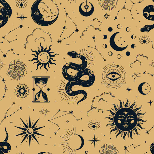 Vector magic seamless pattern with constellations, snakes, sun, moon, magic eyes, clouds and stars. Vector magic seamless pattern with constellations, snakes, sun, moon, magic eyes, clouds and stars. Mystical esoteric background for design of fabric, packaging, astrology, phone case, yoga mat, notebook covers, wrapping paper. moon patterns stock illustrations