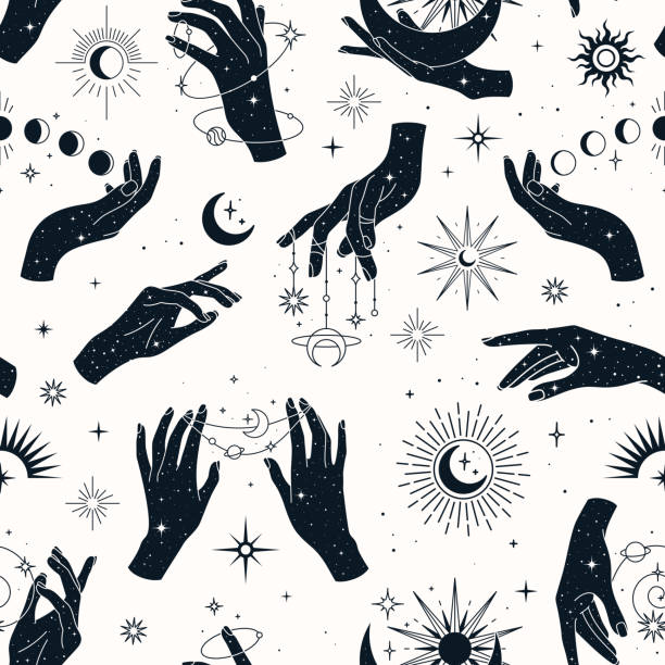 illustrations, cliparts, dessins animés et icônes de modèle sans couture vectorielle avec couple et mains simples, planètes, constellations, soleil, lunes et étoiles. - objet magique et mystique