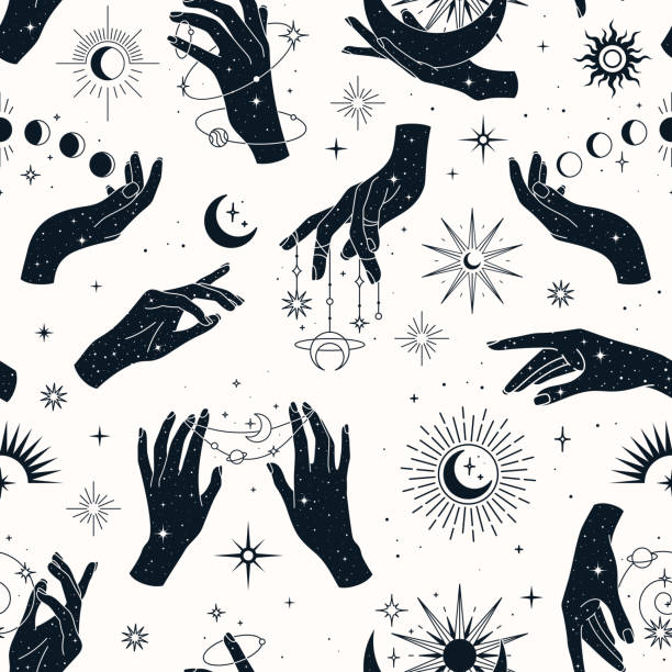 Vector seamless pattern with couple and single hands, planets, constellations,  sun, moons and stars. Vector seamless pattern with couple and single hands, planets, constellations,  sun, moons and stars. Trendy background for design of fabric, packaging, phone case, notebook covers, astrology, wrapping paper. tarot cards stock illustrations