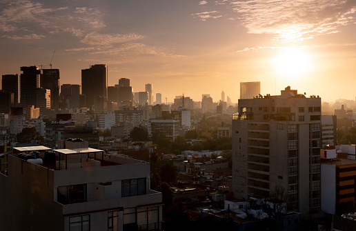 View of the city at dawn in Mexico City, Mexico.