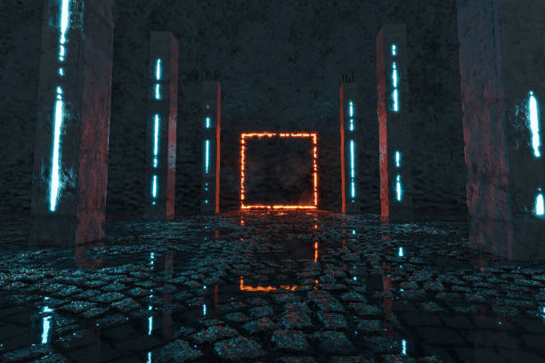 istock 3d rendering of orange lighten square shape next by concrete pillars and cobblestone floor with puddles 1303383631
