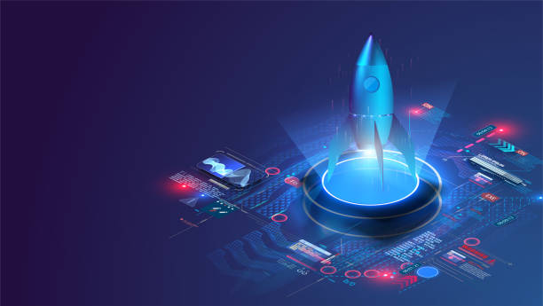 Futuristic rocket takes off, on a blue background with dashboard chart and graphs. Startup concept in isometric. Business Start up launching product with rocket concept. Template and Background. Futuristic rocket takes off, on a blue background with dashboard chart and graphs. Startup concept in isometric. Business takeoff stock illustrations