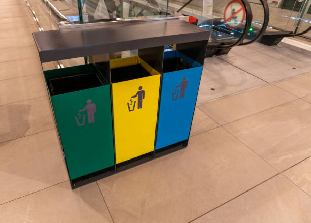 istock Separate waste collection. Modern trash bins for waste segregation. Management recycle garbage 1303391879