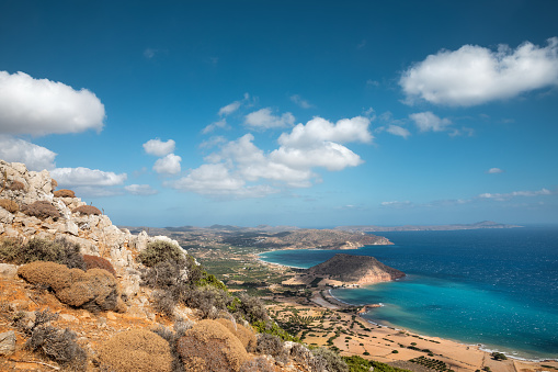 View from above on eastern Cretan coast with famous windsurfing beach Kouremenos (Lasithi).