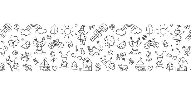 ilustraciones, imágenes clip art, dibujos animados e iconos de stock de niños felices en el parque de verano. los niños pequeños divertidos juegan, corren y saltan. fondo en estilo doodle para niños. - child preschool backgrounds baby