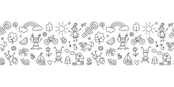 ilustrações de stock, clip art, desenhos animados e ícones de happy children in summer park. funny small kids play, run and jump. background in kid doodle style. - kindergarden