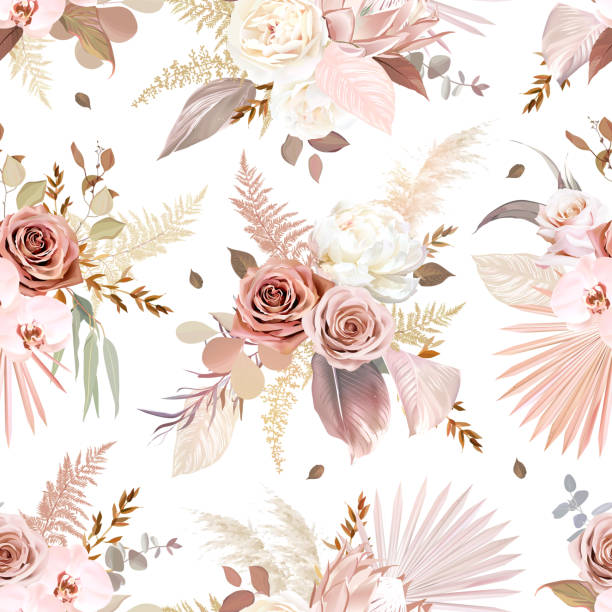 ilustraciones, imágenes clip art, dibujos animados e iconos de stock de hojas de palma secas de moda, rosa rubor y rosa óxido, protea pálido, ranunculus blanco - sepia toned rose pink flower