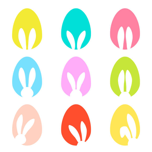 Bunny ears and Easter eggs shapes silhouette - big icon set. Traditional Easters symbol. Vector Bunny ears and Easters eggs shapes silhouette - traditional symbol of holiday, big colorful set. Happy Easter design elements. Simple vector illustration for poster, card or banner. Icons collection easter silhouettes stock illustrations